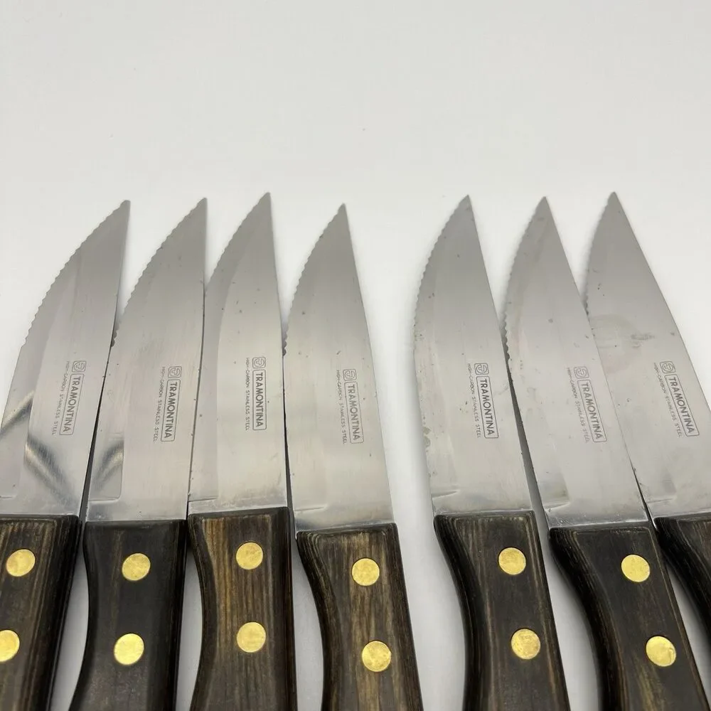 Set (7) TRAMONTINA Porterhouse SERRATED STEAK KNIVES w/ WOODEN WALL Hang/Drawer